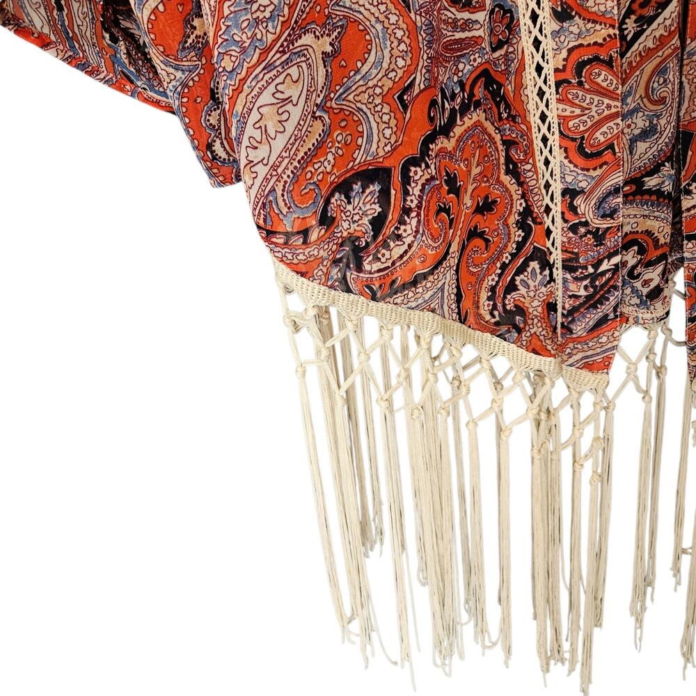 Miss Me Boho Style Paisley Print Open Front Cardigan Fringe Hem Festival Small - Picture 6 of 14